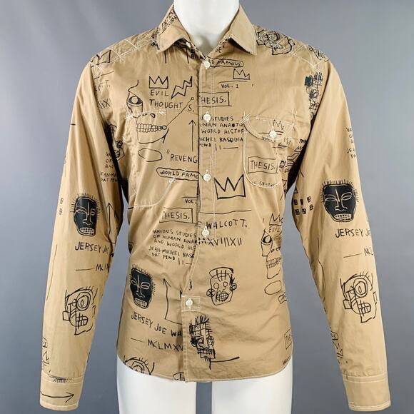 Size M Tan Black Graffiti Cotton Two Pockets Long Sleeve Shirt - Picture 1 of 13